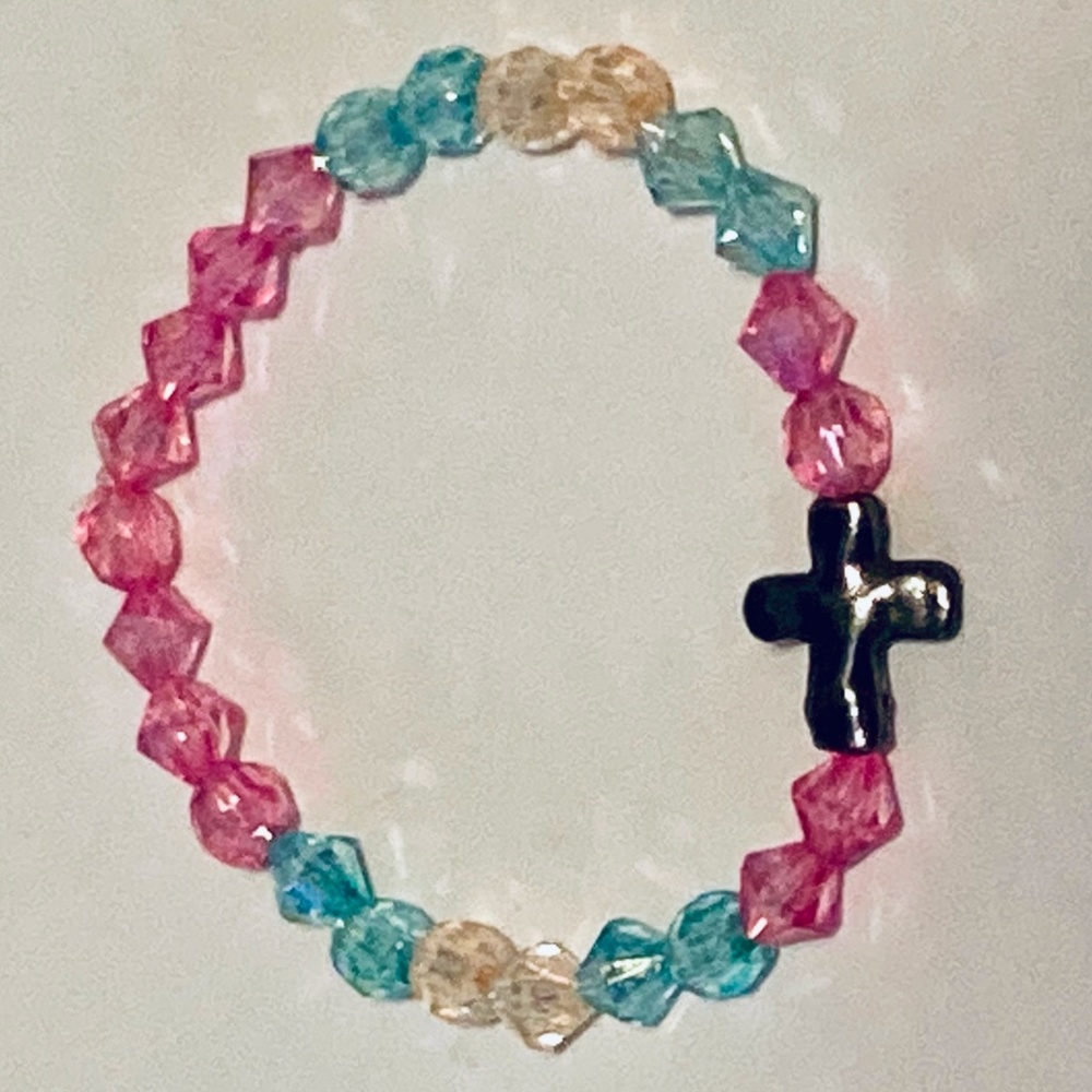 Handmade Pink and Blue Bicone and Round Bead Bracelet W/ Metallic Metal Cross